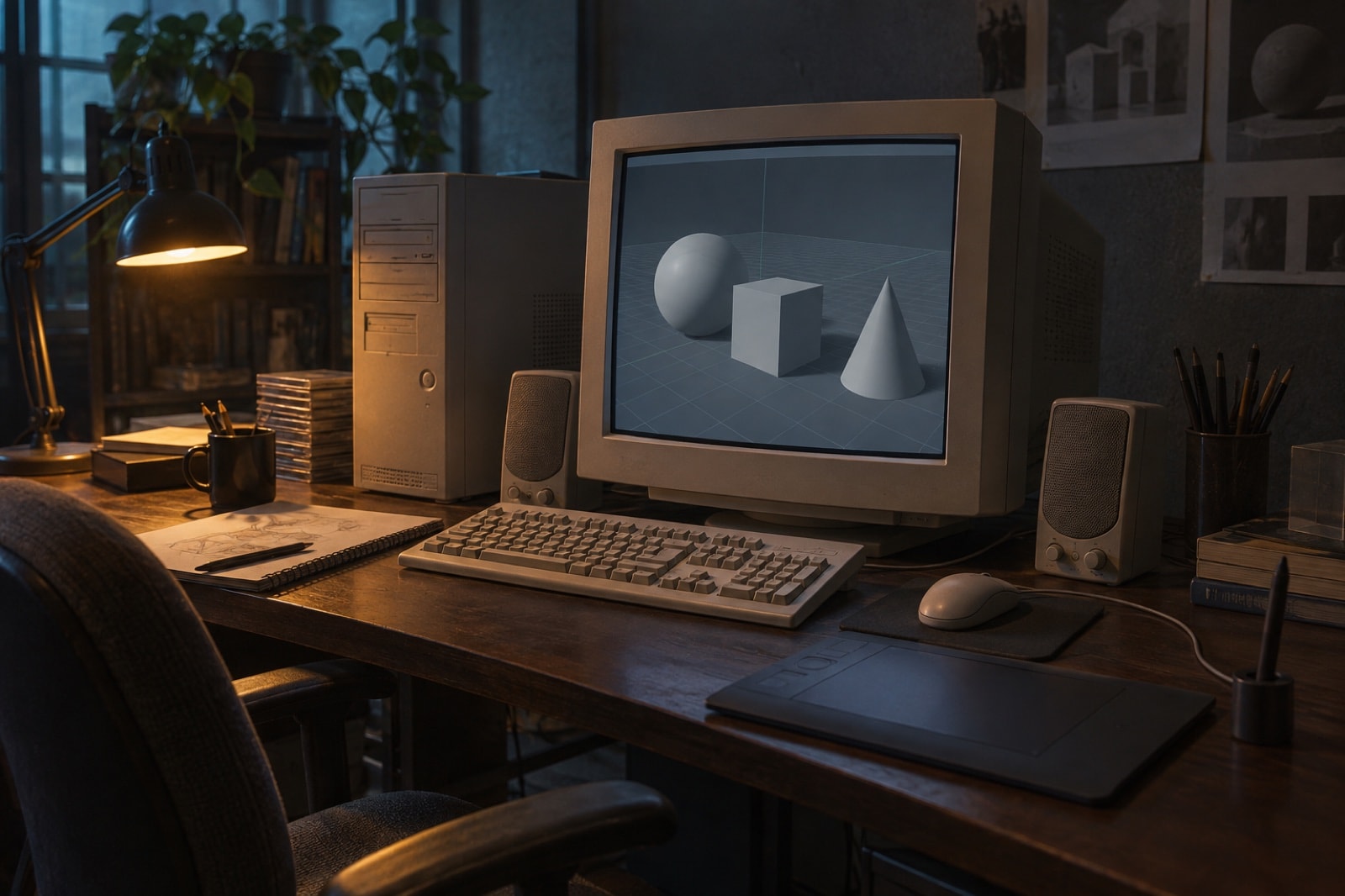 Early-2000s computer workstation with CRT monitor and wired input devices