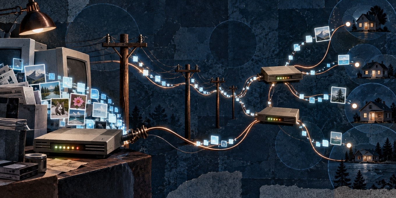 Abstract network of glowing data packets, cables and branching nodes