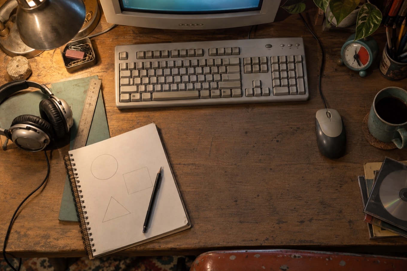 Wired mouse, keyboard and sketch tools arranged on a creative desk