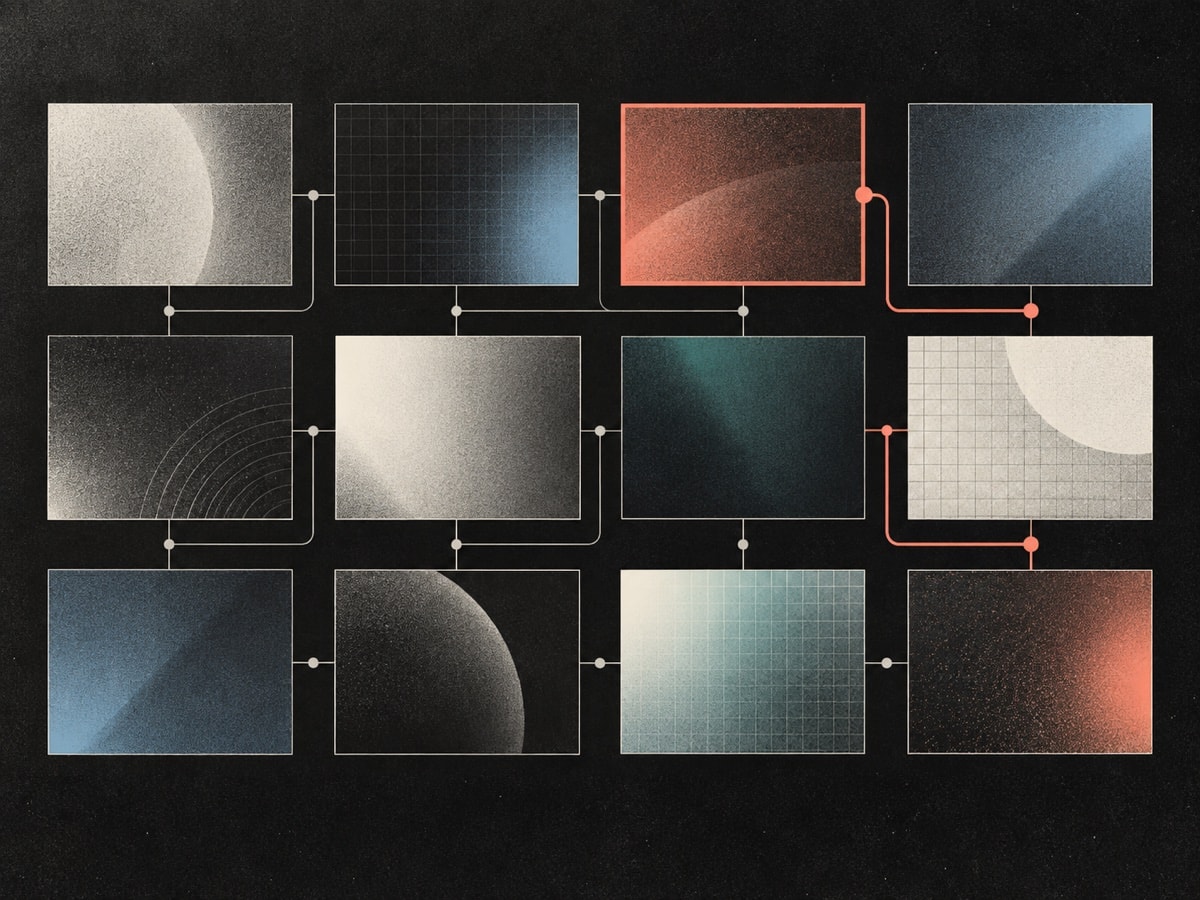 Abstract catalog of connected display frames and routing lines