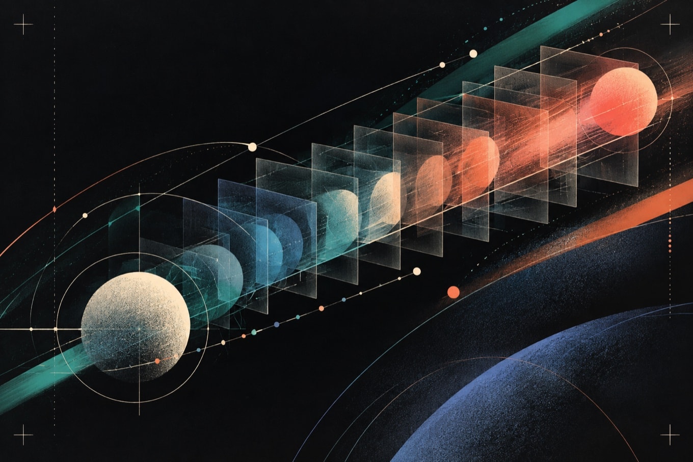 Abstract vector paths and translucent animation frames on a dark field